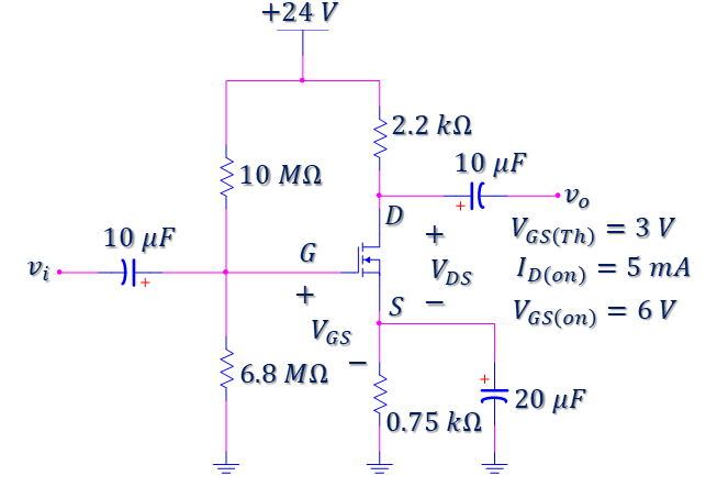 +24 V
:2.2 kN
10 MQ
10 μF
+
VGS(Th) = 3 V
Vps ID(on) = 5 mA
VGs(on) = 6 V
10 μF
+
G
Vi-
+
S
VGS
6.8 MQ
F 20 µF
|0.75 kn

