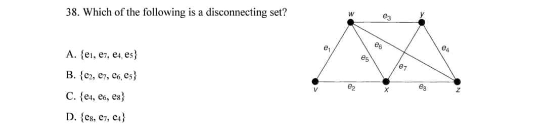 38. Which of the following is a disconnecting set?
A. {ei, e7, e4, es}
B. {e2, e7, e6, es}
C. {e4, e6, es}
D. {es, e7, e4}
e₁
W
e₂
es
e3
86
e₁
eg
e4