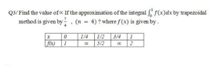 Q3/Find the value of x If the approximation of the integral f f(x)dx by trapezoidal
method is given by
(n = 4)? where f(x) is given by.
X
0
1/4
1/2 3/4 1
f(x)
1
x
5/2
x 2
