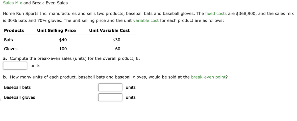 Sales Mix and Break-Even Sales
Home Run Sports Inc. manufactures and sells two products, baseball bats and baseball gloves. The fixed costs are $368,900, and the sales mix
is 30% bats and 70% gloves. The unit selling price and the unit variable cost for each product are as follows:
Products
Unit Selling Price
Unit Variable Cost
Bats
$40
$30
Gloves
100
60
a. Compute the break-even sales (units) for the overall product, E.
units
b. How many units
product,
bats and baseb
gloves,
at
ven point?
ea
Baseball bats
units
Baseball gloves
units
