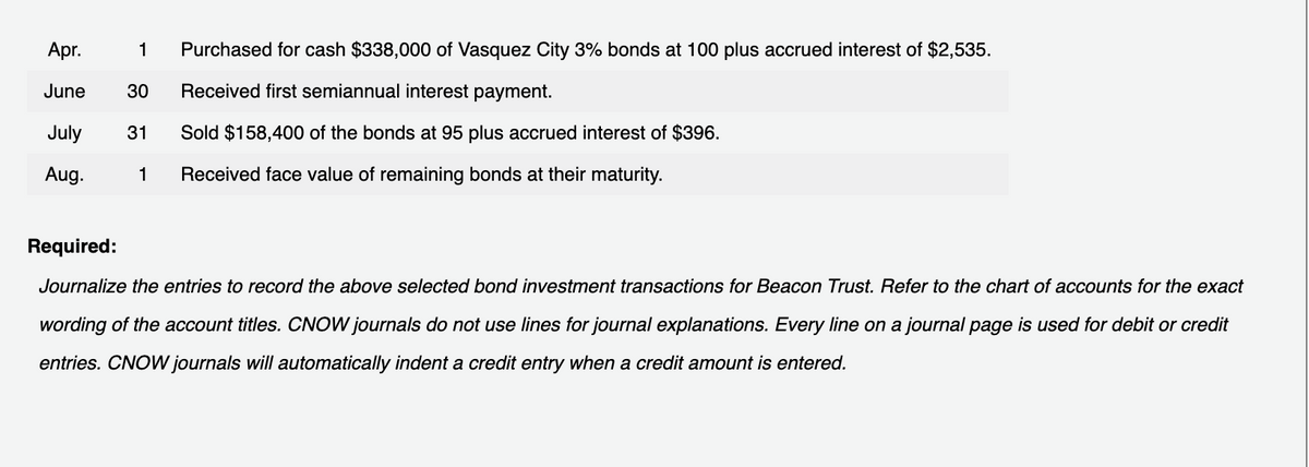 Apr.
1
Purchased for cash $338,000 of Vasquez City 3% bonds at 100 plus accrued interest of $2,535.
June
30
Received first semiannual interest payment.
July
31
Sold $158,400 of the bonds at 95 plus accrued interest of $396.
Aug.
1
Received face value of remaining bonds at their maturity.
Required:
Journalize the entries to record the above selected bond investment transactions for Beacon Trust. Refer to the chart of accounts for the exact
wording of the account titles. CNOW journals do not use lines for journal explanations. Every line on a journal page is used for debit or credit
entries. CNOW journals will automatically indent a credit entry when a credit amount is entered.
