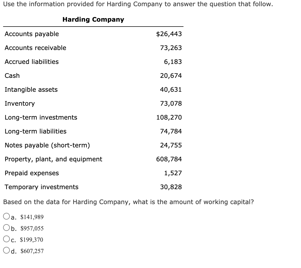 Use the information provided for Harding Company to answer the question that follow.
Harding Company
Accounts payable
$26,443
Accounts receivable
73,263
Accrued liabilities
6,183
Cash
20,674
Intangible assets
40,631
Inventory
73,078
Long-term investments
108,270
Long-term liabilities
74,784
Notes payable (short-term)
24,755
Property, plant, and equipment
608,784
Prepaid expenses
1,527
Temporary investments
30,828
Based on the data for Harding Company, what is the amount of working capital?
Oa. $141,989
Ob. $957,055
Oc. $199,370
Od. $607,257
