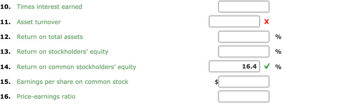 10. Times interest earned
11. Asset turnover
12.
Return on total assets
%
13. Return on stockholders' equity
%
14.
Return on common stockholders' equity
16.4
%
15. Earnings per share on common stock
16. Price-earnings ratio
