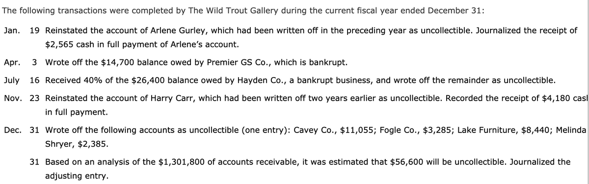The following transactions were completed by The Wild Trout Gallery during the current fiscal year ended December 31:
Jan.
19 Reinstated the account of Arlene Gurley, which had been written off in the preceding year as uncollectible. Journalized the receipt of
$2,565 cash in full payment of Arlene's account.
Apr.
3 Wrote off the $14,700 balance owed by Premier GS Co., which is bankrupt.
July
16 Received 40% of the $26,400 balance owed by Hayden Co., a bankrupt business, and wrote off the remainder as uncollectible.
Nov. 23 Reinstated the account of Harry Carr, which had been written off two years earlier as uncollectible. Recorded the receipt of $4,180 casl
in full payment.
Dec. 31 Wrote off the following accounts as uncollectible (one entry): Cavey Co., $11,055; Fogle Co., $3,285; Lake Furniture, $8,440; Melinda
Shryer, $2,385.
31 Based on an analysis of the $1,301,800 of accounts receivable, it was estimated that $56,600 will be uncollectible. Journalized the
adjusting entry.
