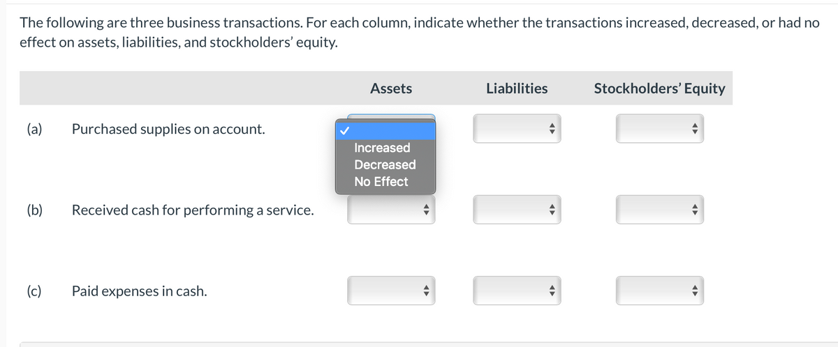 The following are three business transactions. For each column, indicate whether the transactions increased, decreased, or had no
effect on assets, liabilities, and stockholders' equity.
Assets
Liabilities
Stockholders' Equity
(a)
Purchased supplies on account.
Increased
Decreased
No Effect
(b)
Received cash for performing a service.
(c)
Paid expenses in cash.
