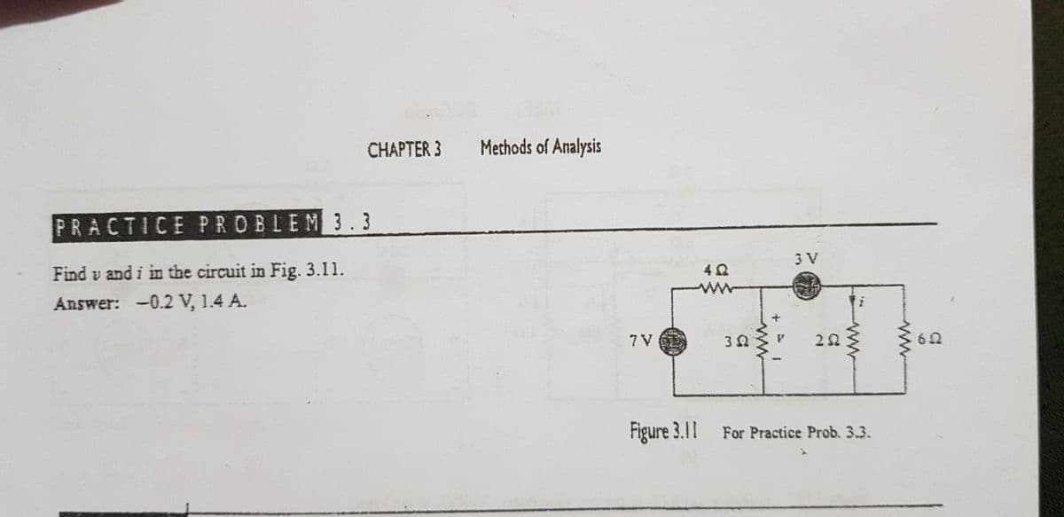 CHAPTER 3
Methods of Analysis
PRACTICE PROBLEM3.3
Find v and i in the circuit in Fig. 3.11.
3 V
Answer: -0.2 V, 1.4 A.
62
Figure 3.11
For Practice Prob. 3.3.
ww
ww
