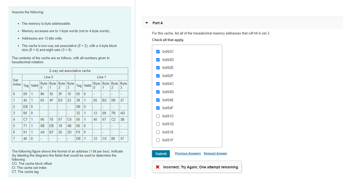 Assume the following:
• The memory is byte addressable.
Part A
• Memory accesses are to 1-byte words (not to 4-byte words).
For this cache, list all of the hexadecimal memory addresses that will hit in set 3.
• Addresses are 13 bits wide.
Check all that apply.
• The cache is two-way set associative (E = 2), with a 4-byte block
size (B = 4) and eight sets (S = 8).
V 0x062C
The contents of the cache are as follows, with all numbers given in
hexadecimal notation.
V 0X062D
V OX062E
2-way set associative cache
V OX062F
Line 0
Line 1
Set
index Tag Valid Byte Byte Byte Byte Tag Valid Byte Byte Byte Byte
2 3
V 0x064C
1
2
3
V 0X064D
09
1.
86
30
3F
10
00 0
1
45 1
60
4F
E0
23
38 1
00
BC OB
37
V 0X064E
2
EB 0
|-
OB 0
V OX064F
3
06 0
|-
32 1
12
08
7B
AD
O 0x051C
4
C7 1
06
78
07
C5 05 1
40
67
C2 3B
5
6E 0
O OX051D
71
OB
DE
18
4B
-
6
91 1
A0
B7
26
2D FO 0
O OX051E
-
46 0
DE 1
co 88
37
7
12
O OX051F
The following figure shows the format of an address (1 bit per box). Indicate
Submit
Previous Answers Request Answer
(by labeling the diagram) the fields that would be used to determine the
following:
CO. The cache block offset
CI. The cache set index
CT. The cache tag
X Incorrect; Try Again; One attempt remaining
