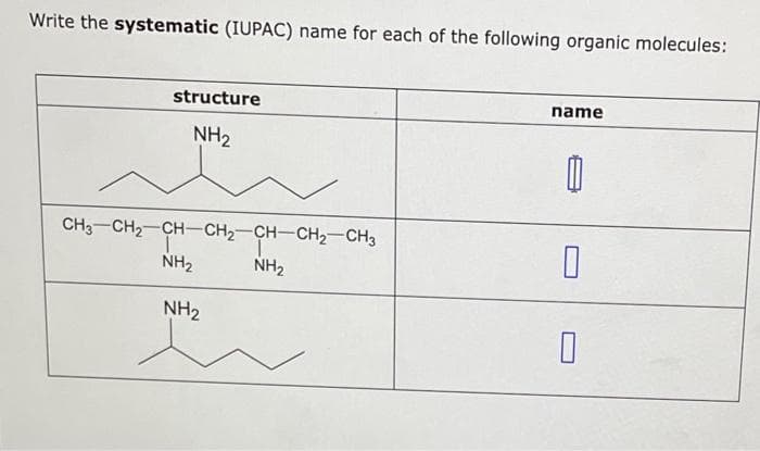 Write the systematic (IUPAC) name for each of the following organic molecules:
structure
name
NH2
CH3-CH2-CH-CH2-CH-CH2-CH3
NH2
NH2
NH2
