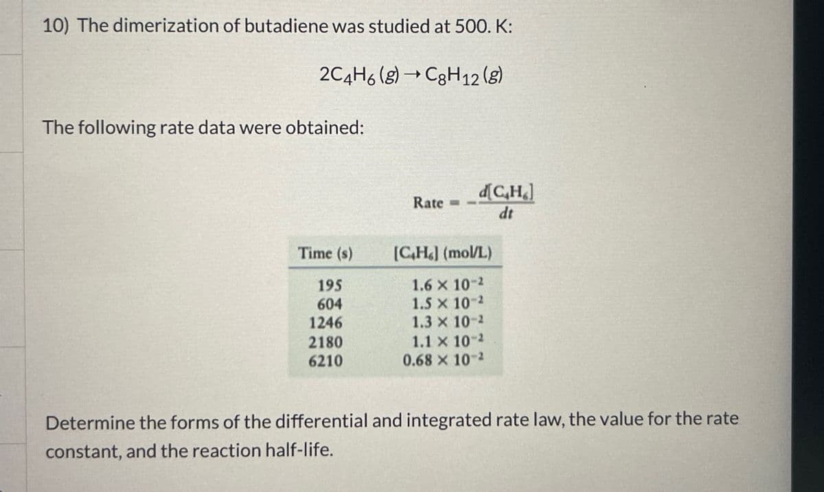 10) The dimerization of butadiene was studied at 500. K:
2C4H6 (g) →C8H12 (g)
The following rate data were obtained:
Rate=
d[CH]
dt
Time (s)
[CH] (mol/L)
195
1.6 x 10-2
604
1.5 × 10-2
1246
1.3 x 10-2
2180
1.1 x 10-2
6210
0.68 × 10-2
Determine the forms of the differential and integrated rate law, the value for the rate
constant, and the reaction half-life.