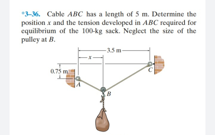 *3-36. Cable ABC has a length of 5 m. Determine the
position x and the tension developed in ABC required for
equilibrium of the 100-kg sack. Neglect the size of the
pulley at B.
3.5 m
0.75 m
|A
B
