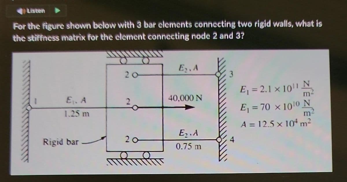 Listen
For the figure shown below with 3 bar elements connecting two rigid walls, what is
the stiffness matrix for the element connecting node 2 and 3?
E₁. A
1.25 m
Rigid bar
20
2
20
E₂.A
40,000 N
E₂.A
0.75 m
3
E₁ = 2.1 × 10¹1 N
E₁ = 70 × 10¹0 N
A = 12.5 x 104 m²