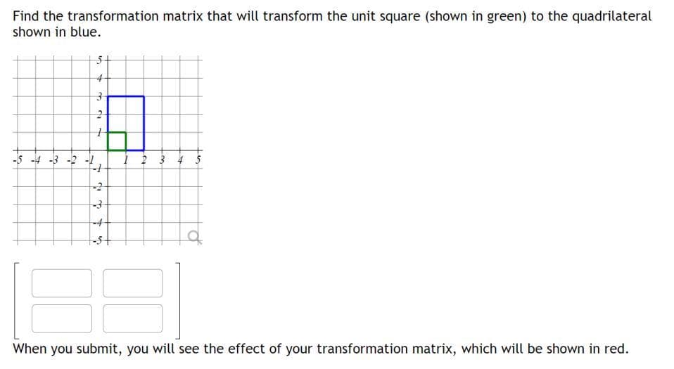 Find the transformation matrix that will transform the unit square (shown in green) to the quadrilateral
shown in blue.
-5 -4 -3 -2 -1
5-
3
2
da
1
7 qu
d
T
S
1 2 3
+
When you submit, you will see the effect of your transformation matrix, which will be shown in red.