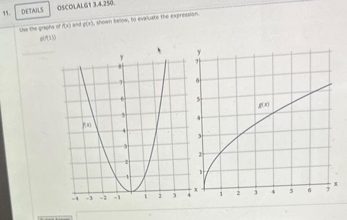 11.
DETAILS
OSCOLALG1 3.4.250.
Use the graphs of f(x) and g(x), shown below, to evaluate the expression.
9((1))
Rx
7
-1
n
4
x
2
N
g(x)
9
h
x