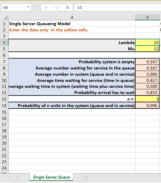 B4
fxx
A
1 Single Server Queueing Model
2 Enter the data only in the yellow cells.
3
LO
10
4
5
6
7
Probability system is empty
8
9
Average number waiting for service in the queue
Average number in system (queue and in service)
Average time waiting for service (time in queue)
11 Average waiting time in system (waiting time plus service time)
10
12
Probability arrival has to wait
13
n =
14
Probability of n units in the system (queue and in service)
15
16
17
18
19
20
21
22
23
24
Single Server Queue
Lambda
Mu
B
10
12
0.167
4.167
5.000
0.417
0.500
0.833
3
0.096