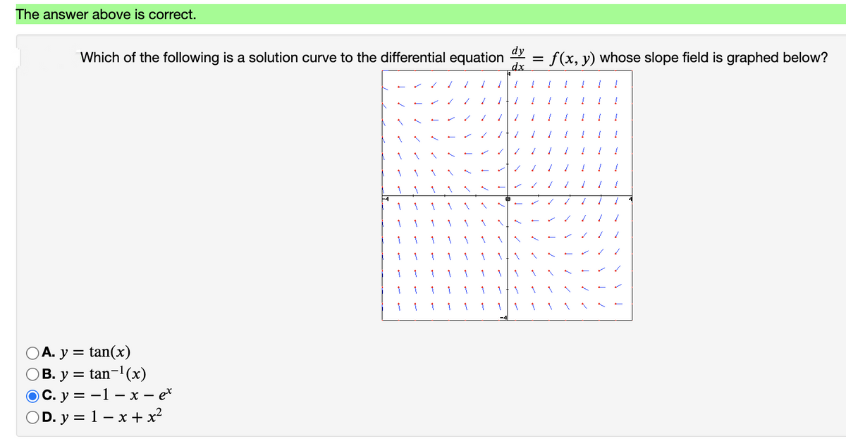 The answer above is correct.
dy
Which of the following is a solution curve to the differential equation
dx
= f(x, y) whose slope field is graphed below?
-4
1
1
А. у %3
tan(x)
tan-1(x)
В. у
OC. y = -1 – x – e*
OD. y = 1 – x + x²
