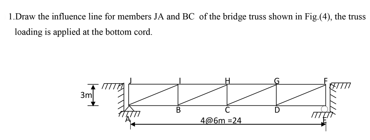 1.Draw the influence line for members JA and BC of the bridge truss shown in Fig.(4), the truss
loading is applied at the bottom cord.
3ml
B
с
4@6m =24
D
#7777