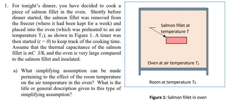 1. For tonight's dinner, you have decided to cook a
piece of salmon fillet in the oven. Shortly before
dinner started, the salmon fillet was removed from
the freezer (where it had been kept for a week) and
placed into the oven (which was preheated to an air
temperature T1), as shown in Figure 1. A timer was
then started (t = 0) to keep track of the cooking time.
Assume that the thermal capacitance of the salmon
fillet is mC J/K and the oven is very large compared
00000000
Salmon fillet at
temperature T
to the salmon fillet and insulated.
Oven at air temperature T1
a) What simplifying assumption can be made
pertaining to the effect of the room temperature
on the air temperature in the oven? What is the
title or general description given to this type of
simplifying assumption?
Room at temperature TR
Figure 1: Salmon fillet in oven
