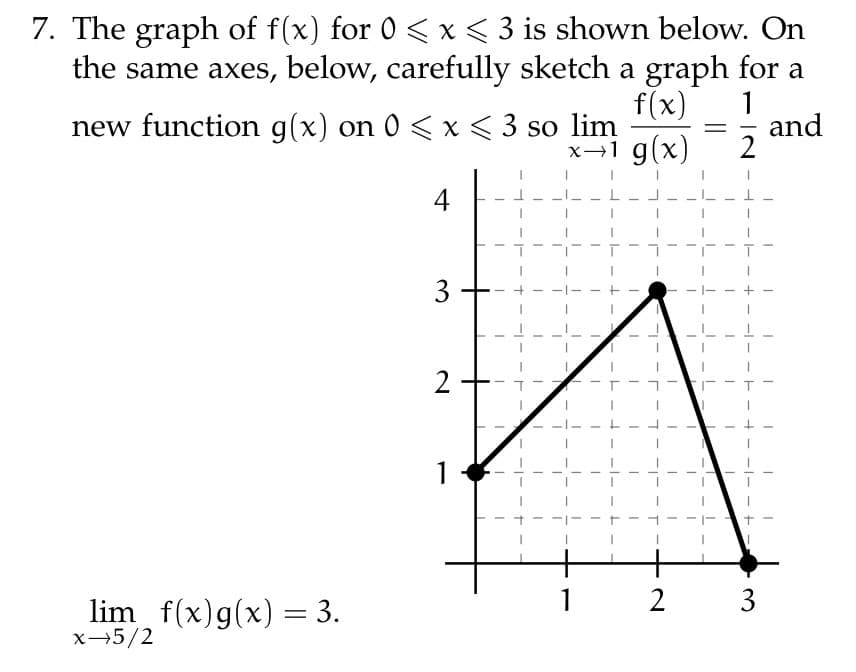 7. The graph of f(x) for 0 < x < 3 is shown below. On
the same axes, below, carefully sketch a graph for a
1
f(x)
x→1 g(x)
and
2
new function g(x) on 0 < x < 3 so lim
lim_ f(x) g(x) = 3.
x→5/2
4
3
2
1
1
2
3
