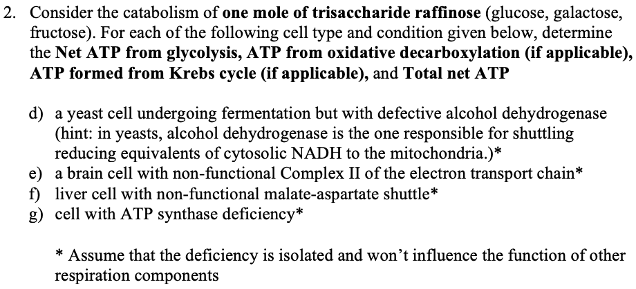 2. Consider the catabolism of one mole of trisaccharide raffinose (glucose, galactose,
fructose). For each of the following cell type and condition given below, determine
the Net ATP from glycolysis, ATP from oxidative decarboxylation (if applicable),
ATP formed from Krebs cycle (if applicable), and Total net ATP
d) a yeast cell undergoing fermentation but with defective alcohol dehydrogenase
(hint: in yeasts, alcohol dehydrogenase is the one responsible for shuttling
reducing equivalents of cytosolic NADH to the mitochondria.)*
e) a brain cell with non-functional Complex II of the electron transport chain*
f) liver cell with non-functional malate-aspartate shuttle*
g) cell with ATP synthase deficiency*
* Assume that the deficiency is isolated and won't influence the function of other
respiration components
