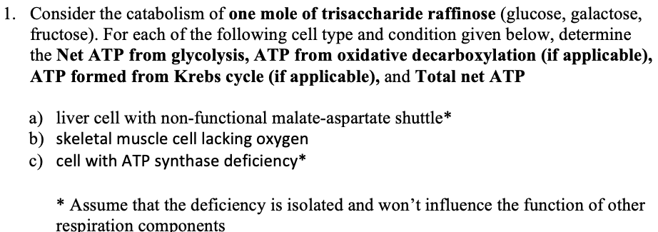 1. Consider the catabolism of one mole of trisaccharide raffinose (glucose, galactose,
fructose). For each of the following cell type and condition given below, determine
the Net ATP from glycolysis, ATP from oxidative decarboxylation (if applicable),
ATP formed from Krebs cycle (if applicable), and Total net ATP
a) liver cell with non-functional malate-aspartate shuttle*
b) skeletal muscle cell lacking oxygen
c) cell with ATP synthase deficiency*
* Assume that the deficiency is isolated and won’t influence the function of other
respiration components
