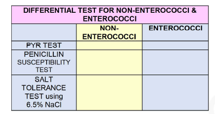 DIFFERENTIAL TEST FOR NON-ENTEROCOCCI &
ENTEROCOCI
NON-
ENTEROCOCI
ENTEROCOCCI
PYR TEST
PENICILLIN
SUSCEPTIBILITY
TEST
SALT
TOLERANCE
TEST using
6.5% Naci
