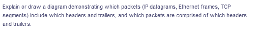 Explain or draw a diagram demonstrating which packets (IP datagrams, Ethernet frames, TCP
segments) include which headers and trailers, and which packets are comprised of which headers
and trailers.
