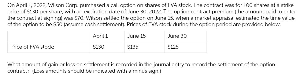 On April 1, 2022, Wilson Corp. purchased a call option on shares of FVA stock. The contract was for 100 shares at a strike
price of $130 per share, with an expiration date of June 30, 2022. The option contract premium (the amount paid to enter
the contract at signing) was $70. Wilson settled the option on June 15, when a market appraisal estimated the time value
of the option to be $50 (assume cash settlement). Prices of FVA stock during the option period are provided below.
June 15
June 30
$125
$135
Price of FVA stock:
April 1
$130
What amount of gain or loss on settlement is recorded in the journal entry to record the settlement of the option
contract? (Loss amounts should be indicated with a minus sign.)