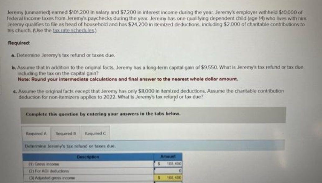 Jeremy (unmarried) earned $101,200 in salary and $7.200 in interest income during the year. Jeremy's employer withheld $10,000 of
federal income taxes from Jeremy's paychecks during the year. Jeremy has one qualifying dependent child (age 14) who lives with him.
Jeremy qualifies to file as head of household and has $24,200 in itemized deductions, including $2,000 of charitable contributions to
his church. (Use the tax rate schedules.)
Required:
a. Determine Jeremy's tax refund or taxes due.
b. Assume that in addition to the original facts, Jeremy has a long-term capital gain of $9.550. What is Jeremy's tax refund or tax due
including the tax on the capital gain?
Note: Round your intermediate calculations and final answer to the nearest whole dollar amount.
c. Assume the original facts except that Jeremy has only $8,000 in itemized deductions. Assume the charitable contribution
deduction for non-itemizers applies to 2022. What is Jeremy's tax refund or tax due?
Complete this question by entering your answers in the tabs below.
Required A Required B Required C
Determine Jeremy's tax refund or taxes due.
(1) Gross income
(2) For AGI deductions
(3) Adjusted gross income
Description
Amount
S
S
108,400
108,400