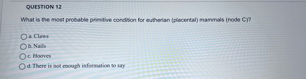 QUESTION 12
What is the most probable primitive condition for eutherian (placental) mammals (node C)?
O a. Claws
b. Nails
c. Hooves
O d. There is not enough information to say
