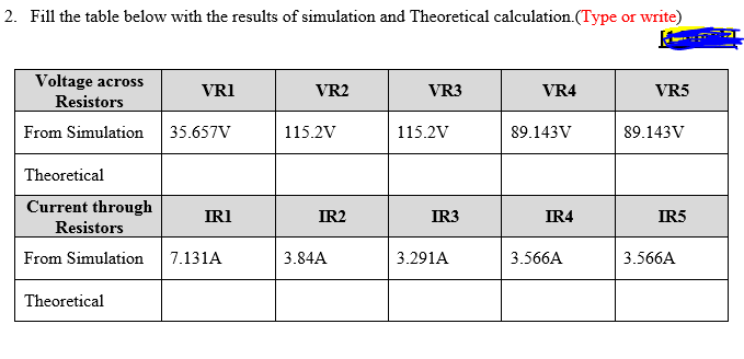 2. Fill the table below with the results of simulation and Theoretical calculation.(Type or write)
Voltage across
Resistors
VRI
VR2
VR3
VR4
VR5
From Simulation
35.657V
115.2V
115.2V
89.143V
89.143V
Theoretical
Current through
Resistors
IRI
IR2
IR3
IR4
IR5
From Simulation
7.131A
3.84A
3.291A
3.566A
3.566A
Theoretical
