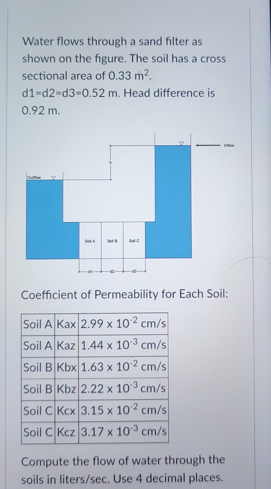 Water flows through a sand filter as
shown on the figure. The soil has a cross
sectional area of 0.33 m².
d1=d2=d3=0.52
m. Head difference is
0.92 m.
Inflow
Outflow
Soil A
Soil B
Soil C
-d1-
-d2-
Coefficient of Permeability for Each Soil:
Soil A Kax 2.99 x 10-² cm/s
Soil A Kaz
1.44 x 10-³ cm/s
Soil B Kbx 1.63 x 10-2 cm/s
Soil B Kbz 2.22 x 10-³ cm/s
Soil C|Kcx|3.15 x 102 cm/s
Soil C Kcz 3.17 x 10-3 cm/s
Compute the flow of water through the
soils in liters/sec. Use 4 decimal places.