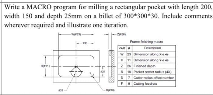 Write a MACRO program for milling a rectangular pocket with length 200,
width 150 and depth 25mm on a billet of 300*300*30. Include comments
wherever required and illustrate one iteration.
- Zır26)
W#23)
Frame finishing macro
Description
VAR #
w 23 Dimension along X-axis
H 11 Dimension along Y-axis
z 26 Finished depth
18 Pocket corner radius (4X)
7 Cutter radius offset number
H#11)
# 31
D
9 Cutting feedrate
#32
R#18)
