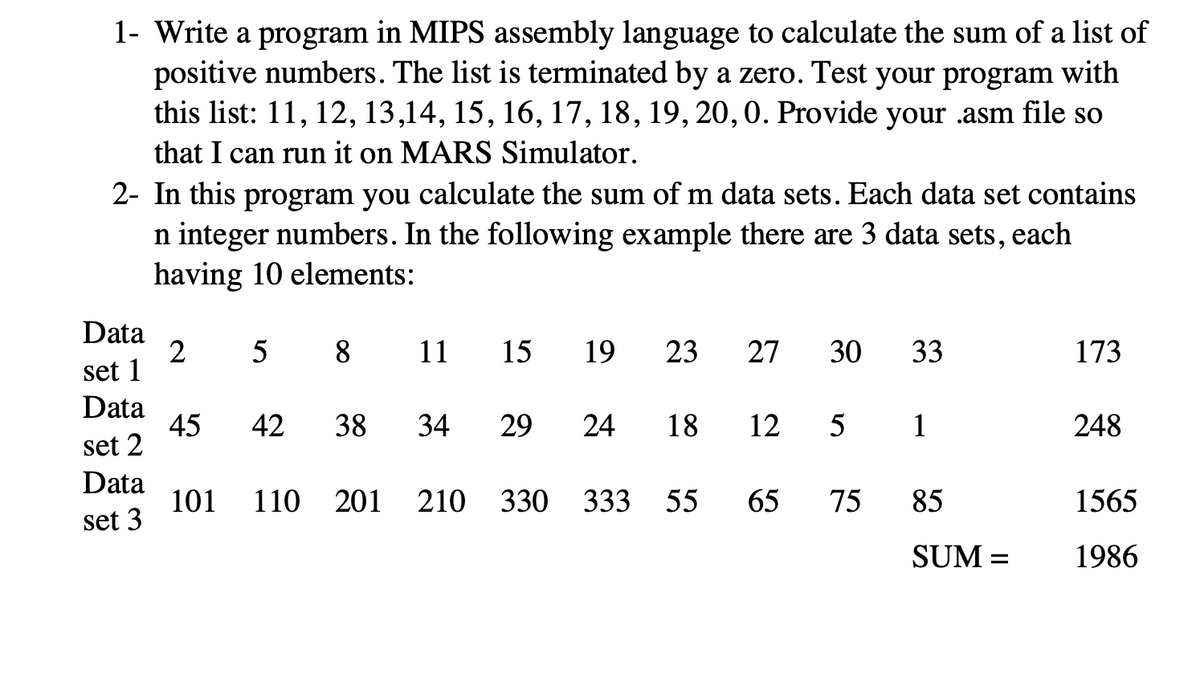 1- Write a program in MIPS assembly language to calculate the sum of a list of
positive numbers. The list is terminated by a zero. Test your program with
this list: 11, 12, 13,14, 15, 16, 17, 18, 19, 20, 0. Provide your .asm file so
that I can run it on MARS Simulator.
2- In this program you calculate the sum of m data sets. Each data set contains
n integer numbers. In the following example there are 3 data sets, each
having 10 elements:
Data
2
et 1
5
8
11
15
19
23
27
30
33
173
Data
45
set 2
42
38
34
29
24
18
12
5 1
248
Data
101
110
201
210 330 333 55
65
75
85
1565
set 3
SUM =
1986
