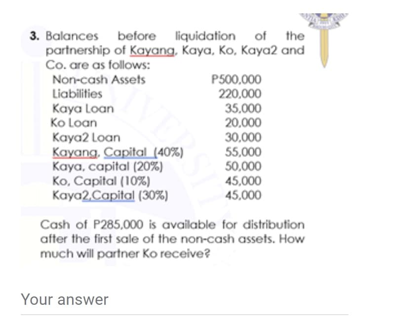 3. Balances before liquidation of
partnership of Kayang, Kaya, Ko, Kaya2 and
Co. are as follows:
Non-cash Assets
Liabilities
the
Kaya Loan
Ko Loan
Kaya2 Loan
Kayang, Capital (40%)
Kaya, capital (20%)
Ko, Capital (10%)
Kaya2.Capital (30%)
P500,000
220,000
35.000
20.000
30,000
55,000
50.000
45,000
45,000
Cash of P285,000 is available for distribution
after the first sale of the non-cash assets. How
much will partner Ko receive?
Your answer
