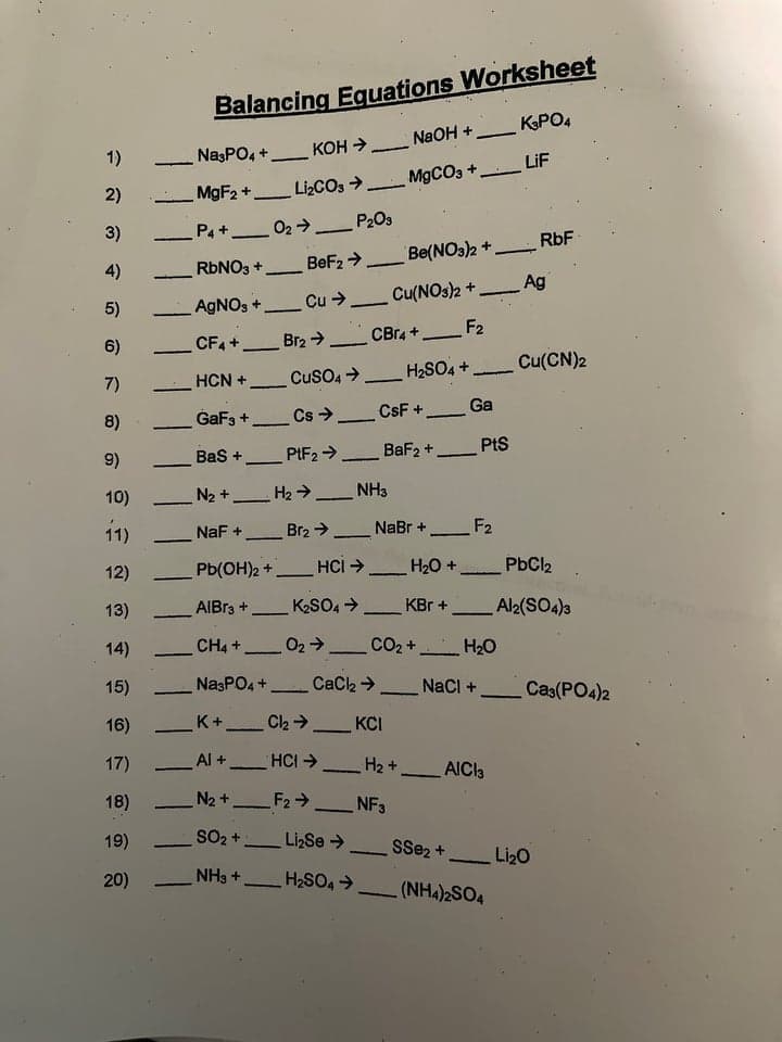 Balancing Eguations Worksheet
NAOH + KsPO4
1)
NasPO4 +.
KOH >
MGF2+.
LI2CO3 M9CO3 + LiF
2)
Pa+
O2 → P203
3)
RbF
BeF2 > Be(NO3)2+
Ag
4)
RBNO3 +
-
-
AGNOS +
Cu Cu(NO32+.
5)
CF4 +_ Br2 → _ CBr4 +_ F2
H2SO4 +.
6)
-
-
Cu(CN)2
---
7)
HCN +.
CusO4>.
-
Cs > CsF + Ga
PtS
8)
GaF3 +
-
9)
Bas + PIF2->
BaF2 +
10)
N2 + H2 >_ NH3
-
-
|
1)
Br2 NaBr +
F2
NaF +
12)
Pb(OH)2 +
HCI >
H20 +
PbCl2
-
-
13)
AIBr3 +
-K2SO, >
KBr +
Al2(SO4)3
-
-
14)
CH4 +
02→
CO2 +
H20
-
-
15)
NasPO4 +
CaC2>
NaCl +
Cas(PO4)2
-
16)
K+
KCI
-
-
17)
Al +
HCI H2+
AICI3
-
-
18)
N2 +
F2 _ NF3
-
-
19)
SO2 +.
LizSe>
SSe2 +
-
Li2O
-
20)
NH3 +
H2SO4>
(NHA)2SO4
-
-
