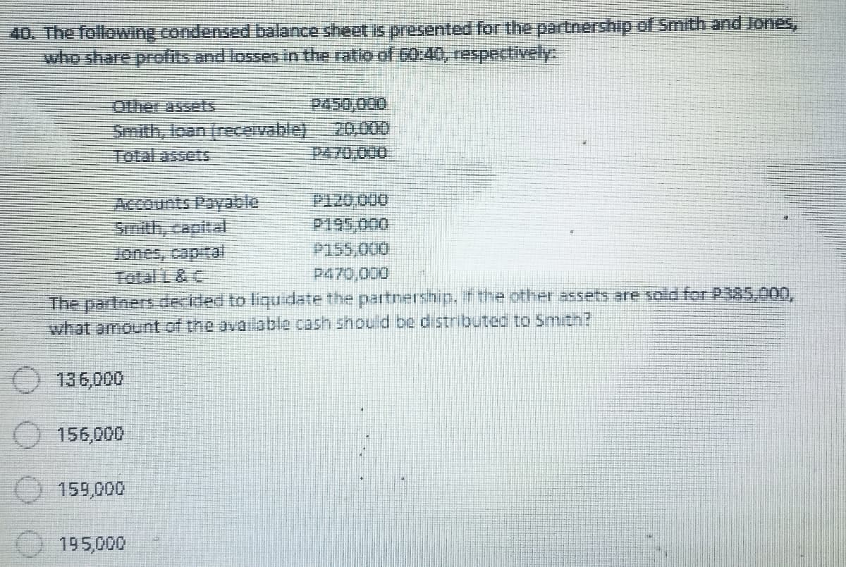 40. The following condensed balance sheet is presented for the partnership of Smith and Jones,
who share profits and losses in the ratio of 60:40, respectively:
P450,000
20,000
Other assetS
Smith, loan (receivable)
Total assetS
P120 000
Accounts Payable
Smith, capital
Jones, capital
Total L& C
0000
P155,000
P470,000
The partners decided to liquidate the partnership. If the other assets are sold for P385,000,
what amount
the available cash should be distributed to Smith?
136,000
156,000
159,000
195,000

