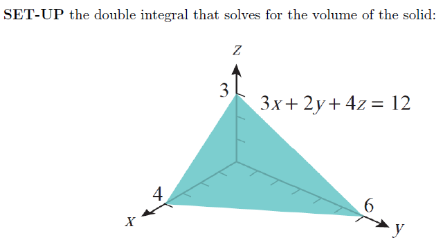 SET-UP the double integral that solves for the volume of the solid:
3
3x+ 2y+ 4z = 12
4
6.
X
