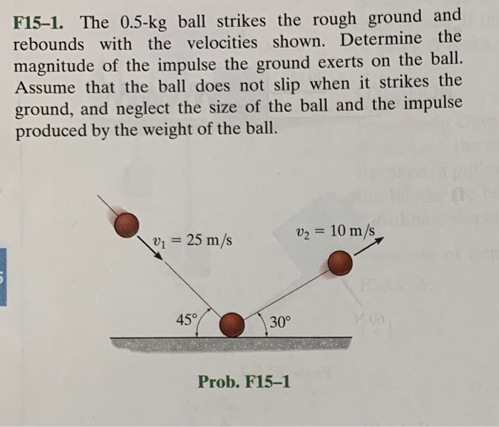 F15–1. The 0.5-kg ball strikes the rough ground and
rebounds with the velocities shown. Determine the
magnitude of the impulse the ground exerts on the ball.
Assume that the ball does not slip when it strikes the
ground, and neglect the size of the ball and the impulse
produced by the weight of the ball.
V1 = 25 m/s
v2 = 10 m/s
45°
30°
Prob. F15-1
