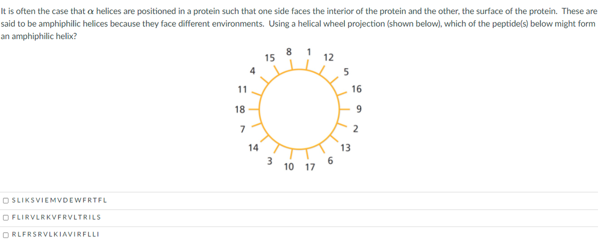 It is often the case that a helices are positioned in a protein such that one side faces the interior of the protein and the other, the surface of the protein. These are
said to be amphiphilic helices because they face different environments. Using a helical wheel projection (shown below), which of the peptide(s) below might form
an amphiphilic helix?
8
15
1
12
4
11
16
18
9
7
14
13
10
17
O SLIKSVIEMVDEWFRTFL
O FLIRVLRKVFRVLTRILS
O RLFRSRVLKIAVIRFLLI
