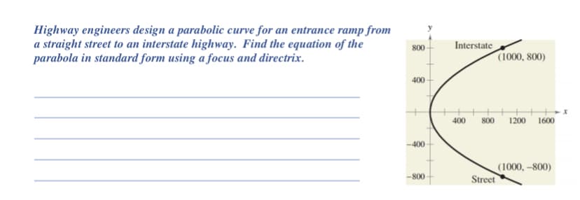 Highway engineers design a parabolic curve for an entrance ramp from
a straight street to an interstate highway. Find the equation of the
parabola in standard form using a focus and directrix.
Interstate
800
(1000, 800)
400
400
800 1200 1600
-400
(1000, –800)
Street
-800
