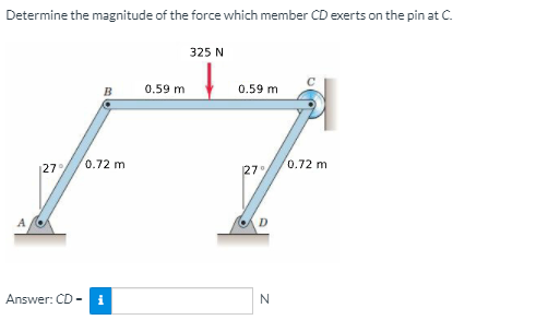 Determine the magnitude of the force which member CD exerts on the pin at C.
325 N
0.59 m
0.59 m
0.72 m
0.72 m
|27
27
Answer: CD
N
