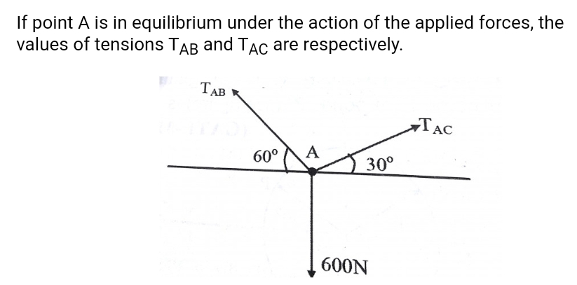 If point A is in equilibrium under the action of the applied forces, the
values of tensions TAB and TẠc are respectively.
ТАВ
TAC
60°
A
30°
600N
