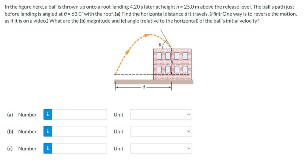 In the figure here, a ball is thrown up onto a roof, landing 4.20 s later at height h = 25.0 m above the release level. The ball's path just
before landing is angled at 0= 63.0° with the roof. (a) Find the horizontal distance d it travels. (Hint: One way is to reverse the motion,
as if it is on a video.) What are the (b) magnitude and (c) angle (relative to the horizontal) of the ball's initial velocity?
(a) Number i
Unit
(b) Number i
Unit
(c) Number
i
Unit