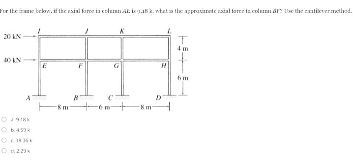 For the frame below, if the axial force in column AE is 9.18 k, what is the approximate axial force in column BF? Use the cantilever method.
K
20 kN
4 m
40 kN
E
6 m
B
8 m
- 6 m--
-8 m
O a. 9.18 k
O b. 4.59 k
c. 18.36 k
O d. 2.29 k
