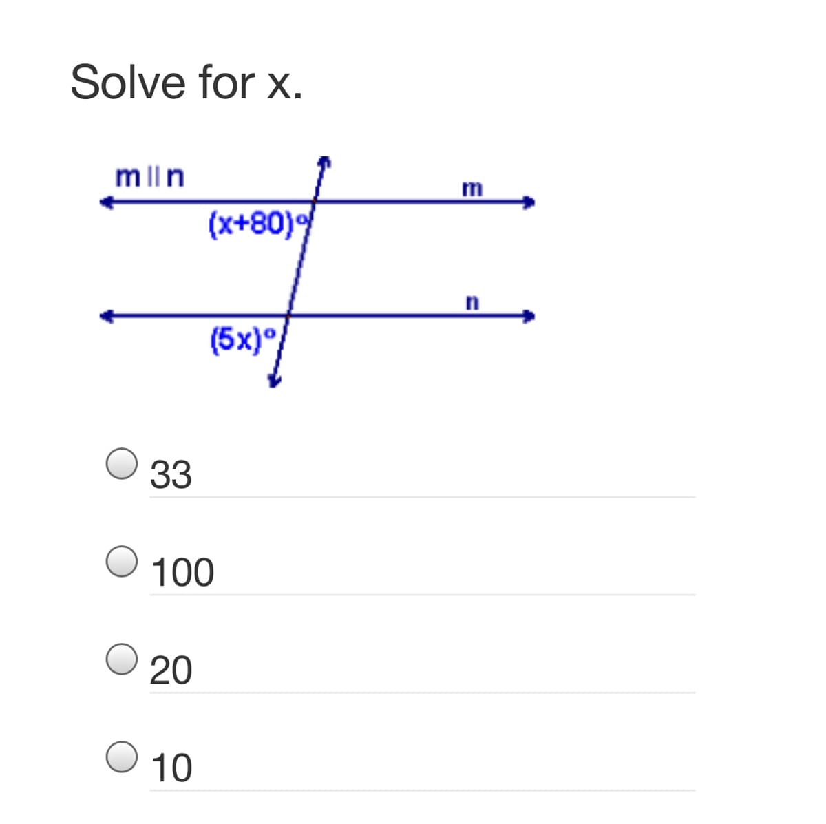 Solve for x.
mlln
m
(x+80)
(5x)°
33
100
20
10
