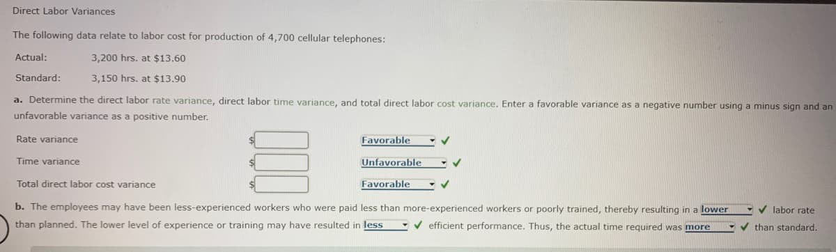 Direct Labor Variances
The following data relate to labor cost for production of 4,700 cellular telephones:
Actual:
3,200 hrs. at $13.60
Standard:
3,150 hrs. at $13.90
a. Determine the direct labor rate variance, direct labor time variance, and total direct labor cost variance. Enter a favorable variance as a negative number using a minus sign and an
unfavorable variance as a positive number.
Rate variance
Favorable
Time variance
Unfavorable
Total direct labor cost variance
Favorable
b. The employees may have been less-experienced workers who were paid less than more-experienced workers or poorly trained, thereby resulting in a lower
V labor rate
than planned. The lower level of experience or training may have resulted in less
- v efficient performance. Thus, the actual time required was more
v than standard.

