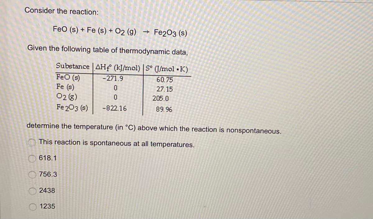 Consider the reaction:
FeO (s) + Fe (s) + O2 (g)
Fe203 (s)
Given the following table of thermodynamic data,
Substance AHf (kJ/mol) S° J/mol K)
FeO (s)
Fe (s)
02 (3)
Fe203 (s)
-271.9
60.75
27.15
205.0
-822.16
89.96
determine the temperature (in °C) above which the reaction is nonspontaneous.
This reaction is spontaneous at all temperatures.
618.1
756.3
2438
1235
