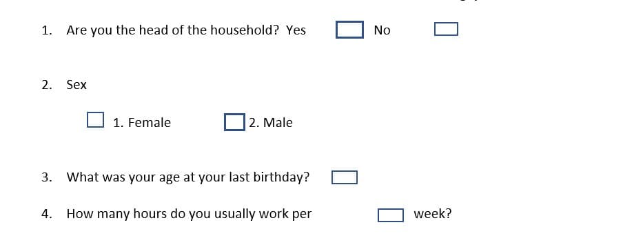 1. Are you the head of the household? Yes
No
2. Sex
1. Female
2. Male
3. What was your age at your last birthday?
How many hours do you usually work per
week?

