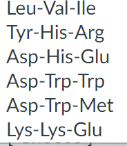 Leu-Val-Ile
Tyr-His-Arg
Asp-His-Glu
Asp-Trp-Trp
Asp-Trp-Met
Lys-Lys-Glu