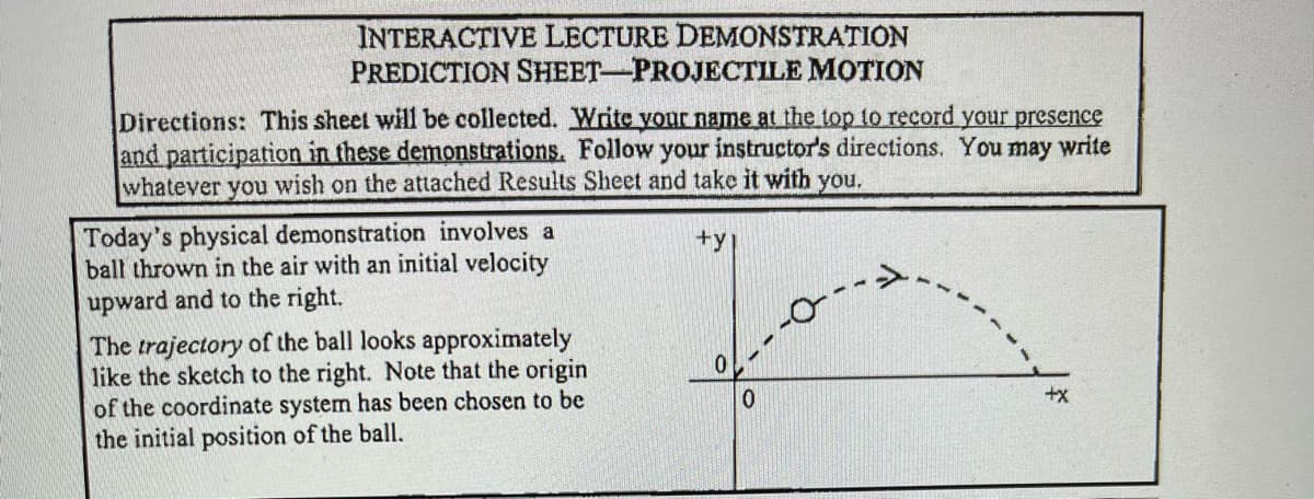 INTERACTIVE LECTURE DEMONSTRATION
PREDICTION SHEET-PROJECTILE MOTION
Directions: This sheet will be collected. Write your name at the top to record your presence
write
and participation in these demonstrations. Follow your instructor's directions. You may
whatever you wish on the attached Results Sheet and take it with you.
+y
Today's physical demonstration involves a
ball thrown in the air with an initial velocity
upward and to the right.
The trajectory of the ball looks approximately
like the sketch to the right. Note that the origin
of the coordinate system has been chosen to be
the initial position of the ball.
0